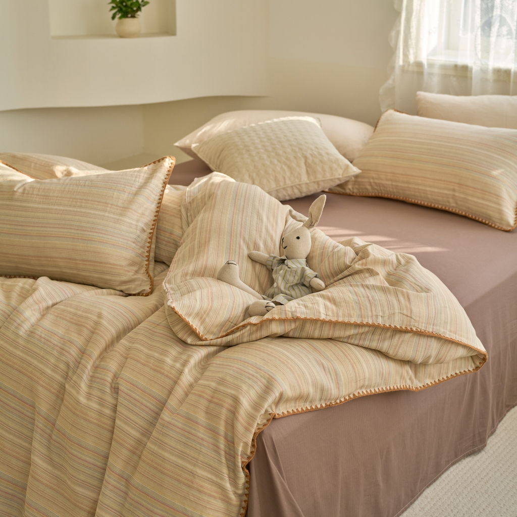 91家纺网 家纺一手货源 找家纺 洋铭区（原狠狠爱） 2025新款A类全棉双层纱四件套 波斯彩条