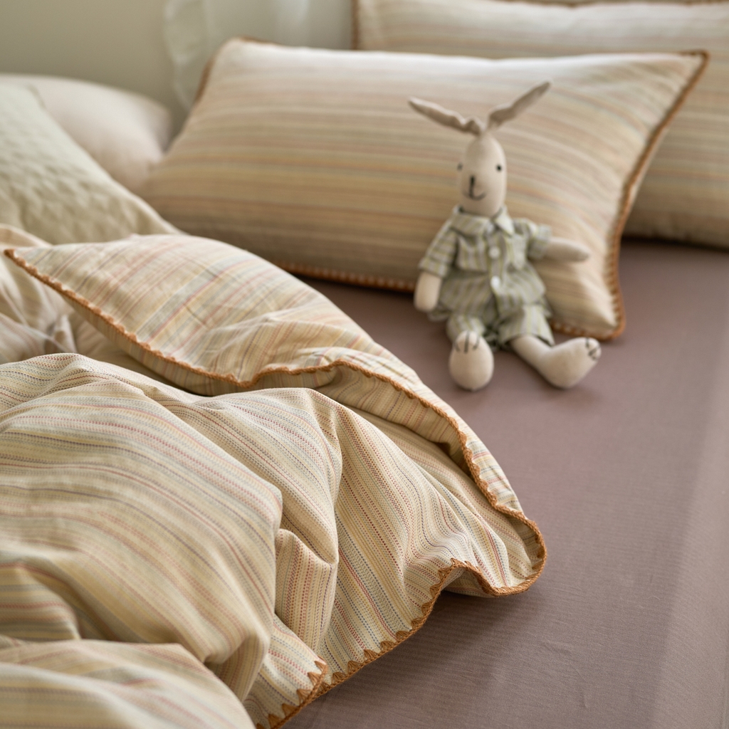 91家纺网 家纺一手货源 找家纺 洋铭区（原狠狠爱） 2025新款A类全棉双层纱四件套 波斯彩条