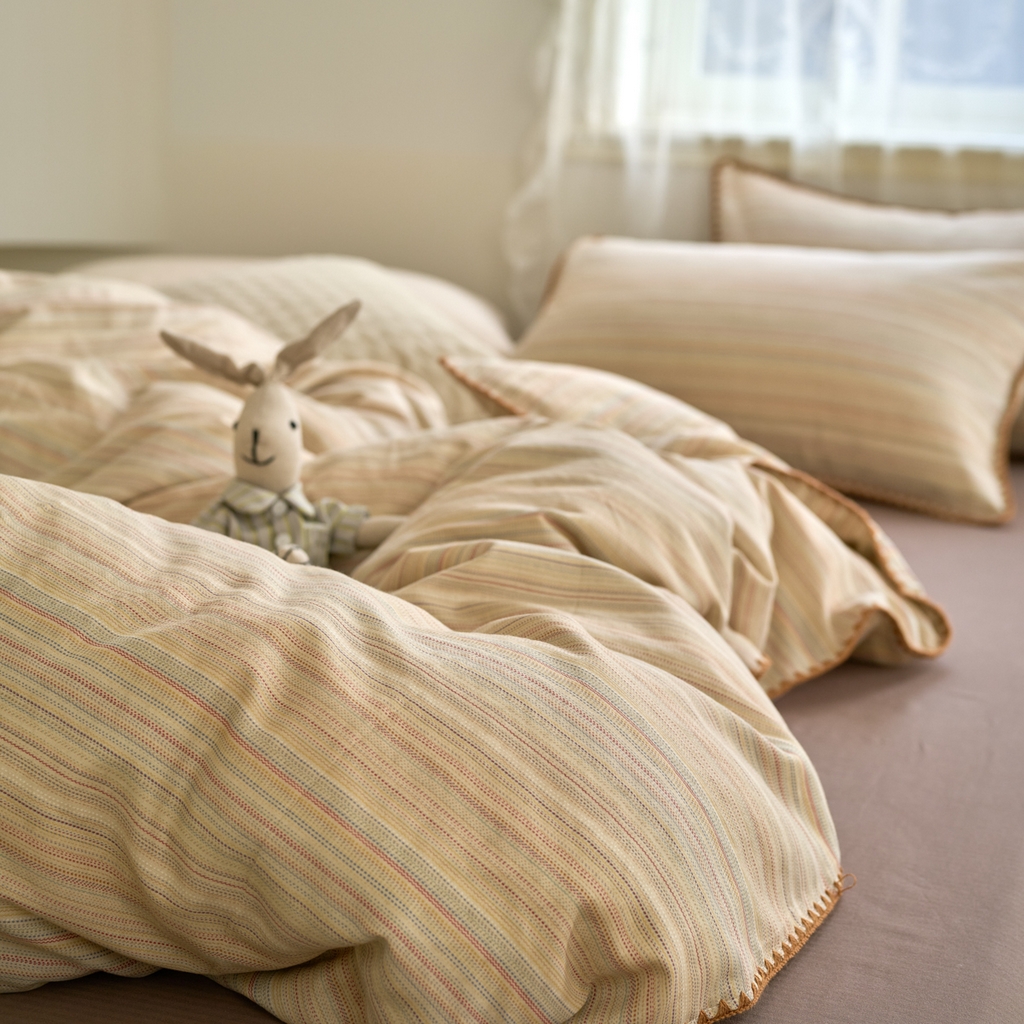 91家纺网 家纺一手货源 找家纺 洋铭区（原狠狠爱） 2025新款A类全棉双层纱四件套 波斯彩条