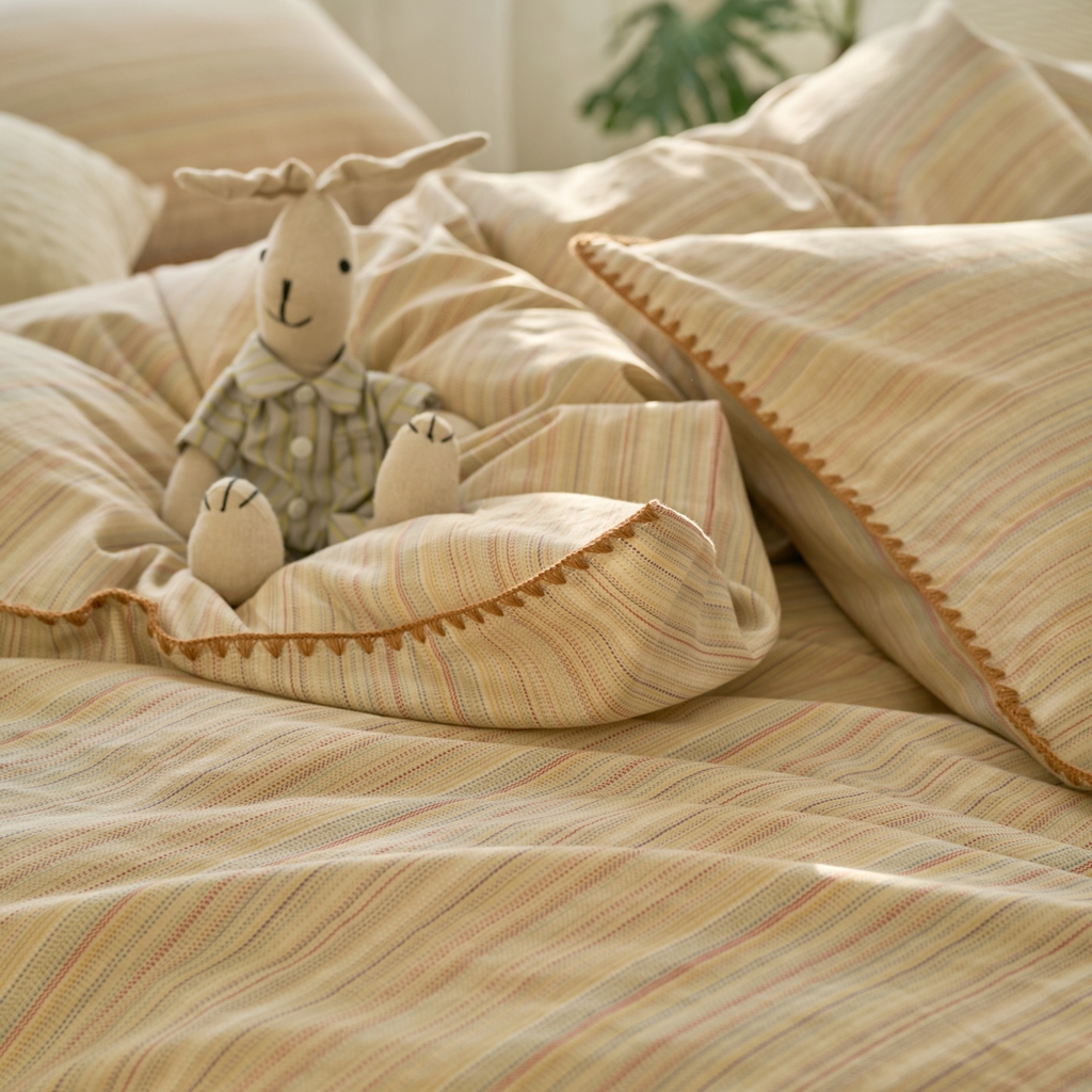 91家纺网 家纺一手货源 找家纺 洋铭区（原狠狠爱） 2025新款A类全棉双层纱四件套 波斯彩条