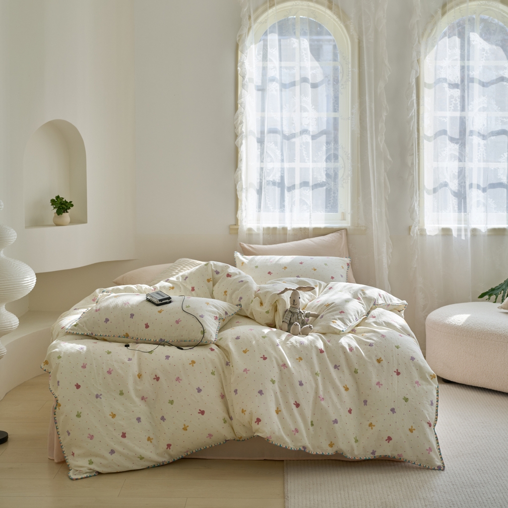 91家纺网 家纺一手货源 找家纺 洋铭区（原狠狠爱） 2025新款A类全棉双层纱四件套 开心兔