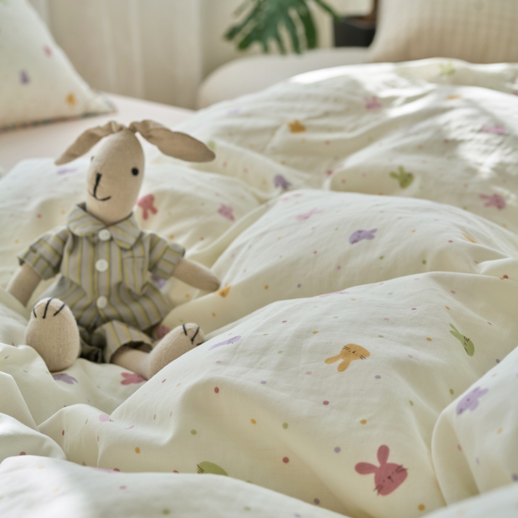 91家纺网 家纺一手货源 找家纺 洋铭区（原狠狠爱） 2025新款A类全棉双层纱四件套 开心兔