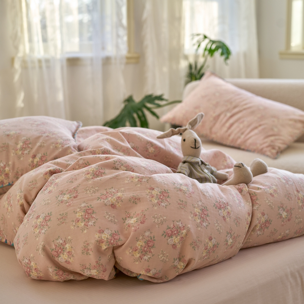 91家纺网 家纺一手货源 找家纺 洋铭区（原狠狠爱） 2025新款A类全棉双层纱四件套 粉花恋