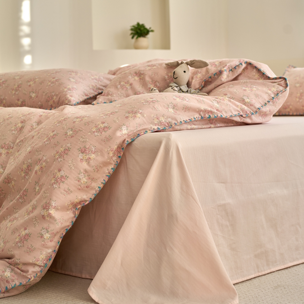 91家纺网 家纺一手货源 找家纺 洋铭区（原狠狠爱） 2025新款A类全棉双层纱四件套 粉花恋