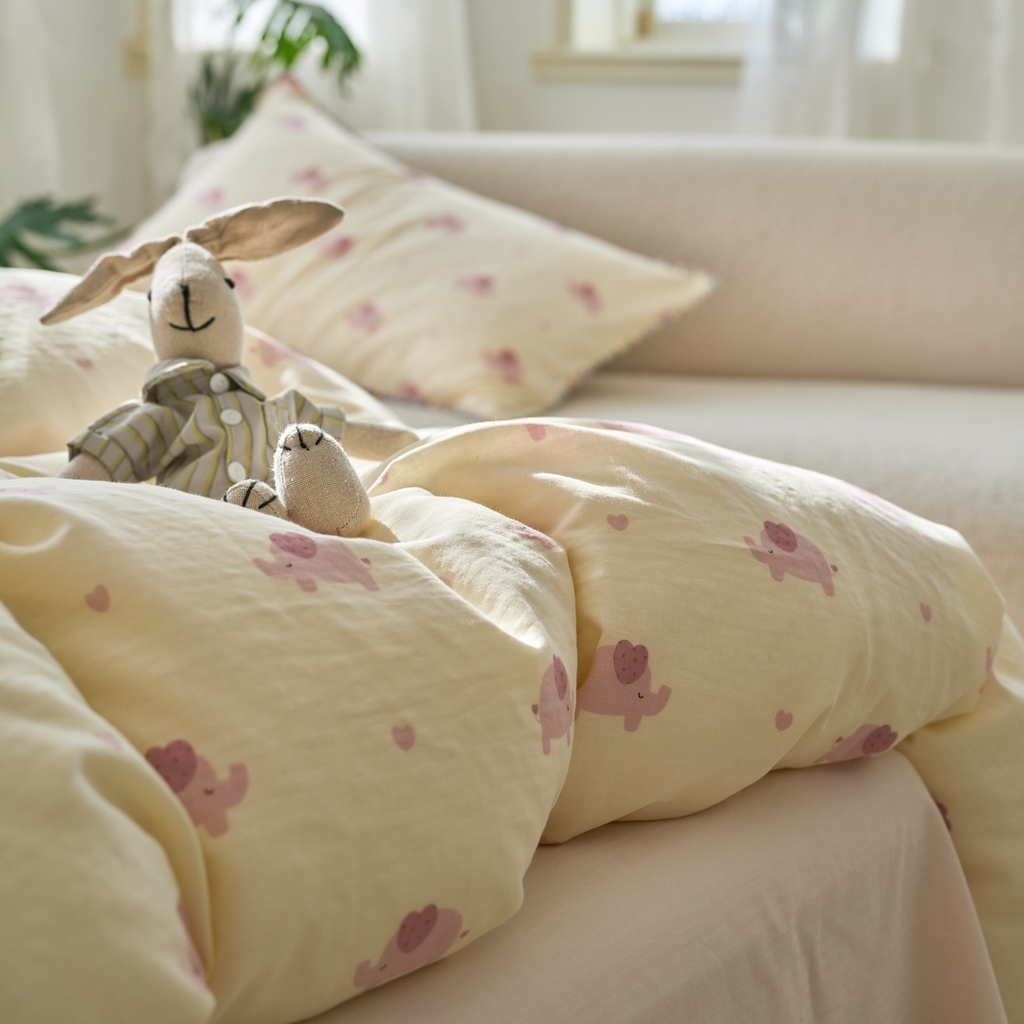 91家纺网 家纺一手货源 找家纺 洋铭区（原狠狠爱） 2025新款A类全棉双层纱四件套 粉嘟小象