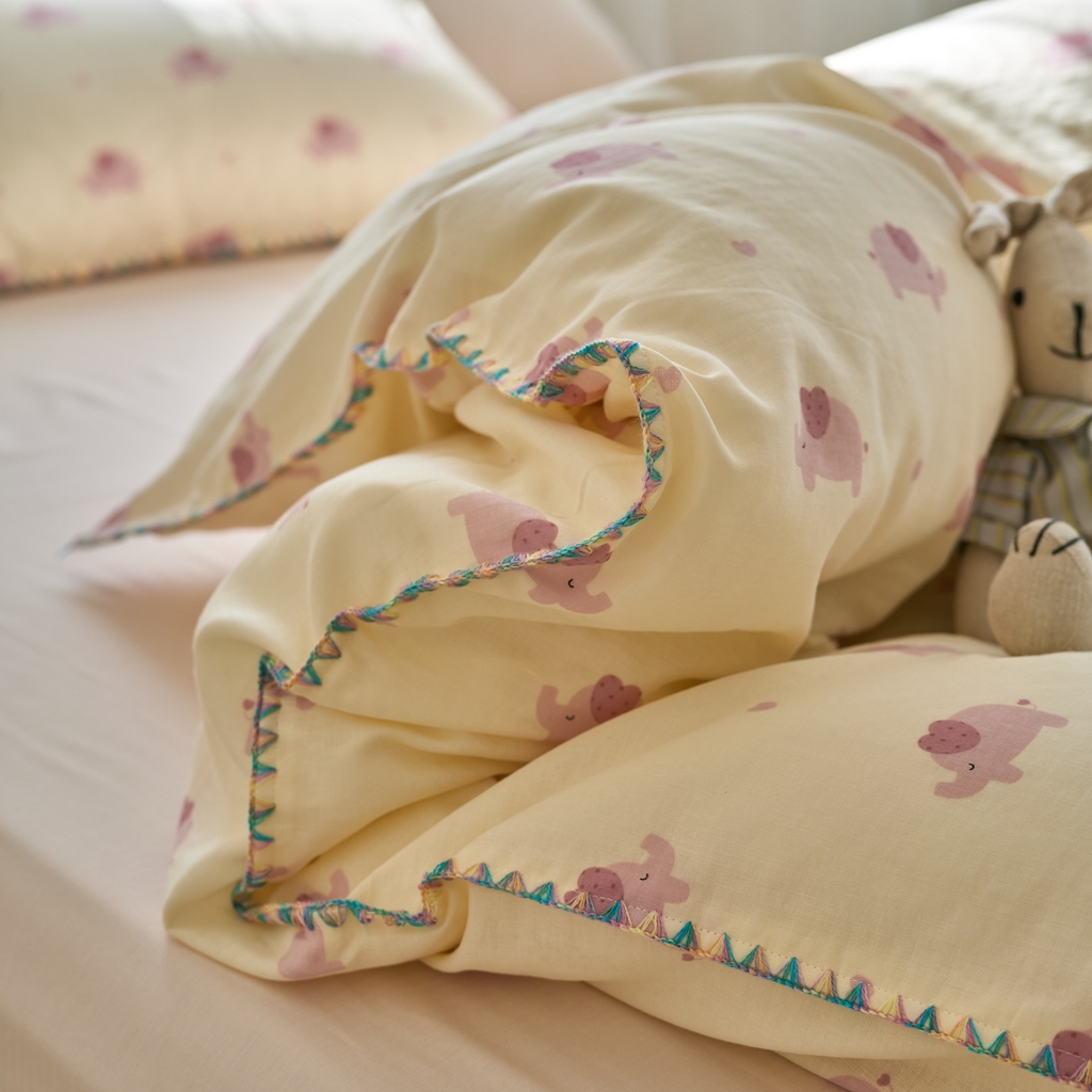 91家纺网 家纺一手货源 找家纺 洋铭区（原狠狠爱） 2025新款A类全棉双层纱四件套 粉嘟小象