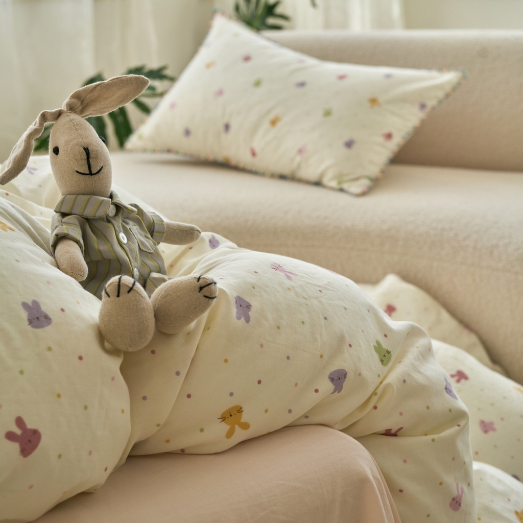 91家纺网 家纺一手货源 找家纺 洋铭区（原狠狠爱） 2025新款A类全棉双层纱四件套 开心兔