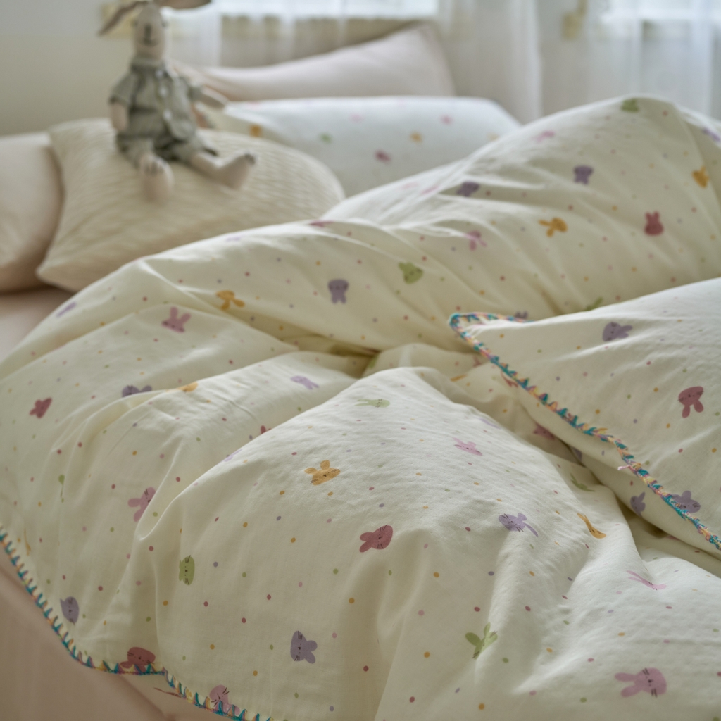 91家纺网 家纺一手货源 找家纺 洋铭区（原狠狠爱） 2025新款A类全棉双层纱四件套 开心兔