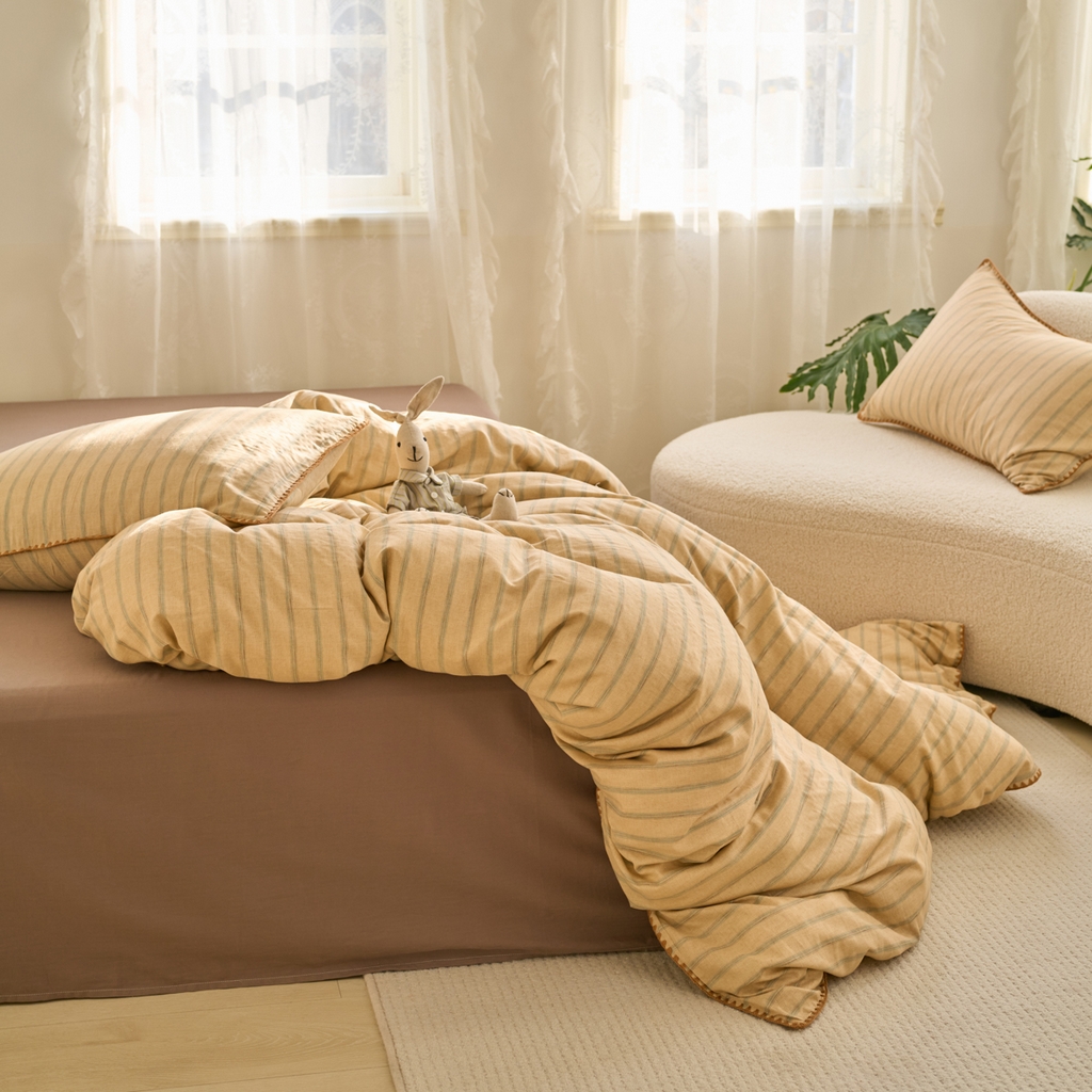 91家纺网 家纺一手货源 找家纺 洋铭区（原狠狠爱） 2025新款A类全棉双层纱四件套 优雅棕条