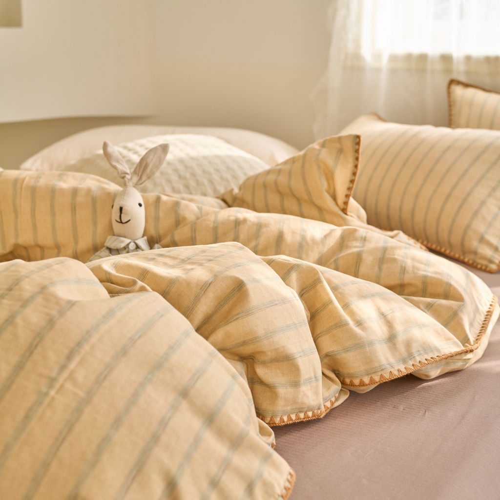 91家纺网 家纺一手货源 找家纺 洋铭区（原狠狠爱） 2025新款A类全棉双层纱四件套 优雅棕条