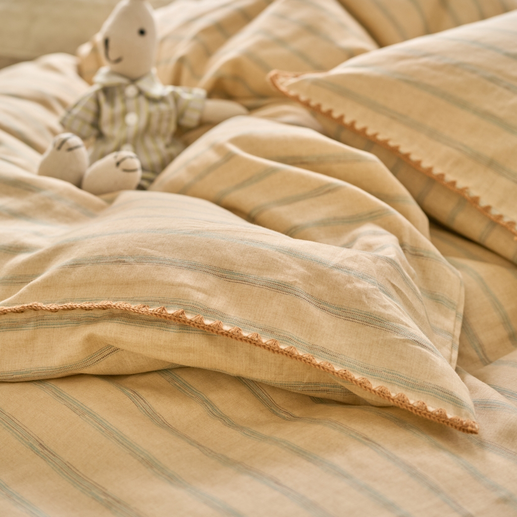 91家纺网 家纺一手货源 找家纺 洋铭区（原狠狠爱） 2025新款A类全棉双层纱四件套 优雅棕条