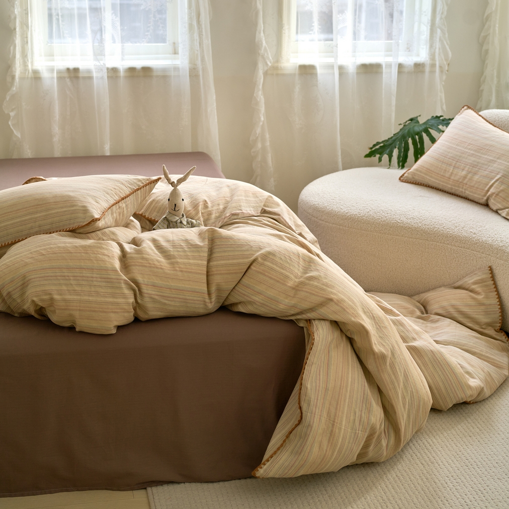 91家纺网 家纺一手货源 找家纺 洋铭区（原狠狠爱） 2025新款A类全棉双层纱四件套 波斯彩条