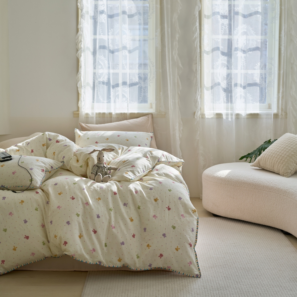 91家纺网 家纺一手货源 找家纺 洋铭区（原狠狠爱） 2025新款A类全棉双层纱四件套 开心兔