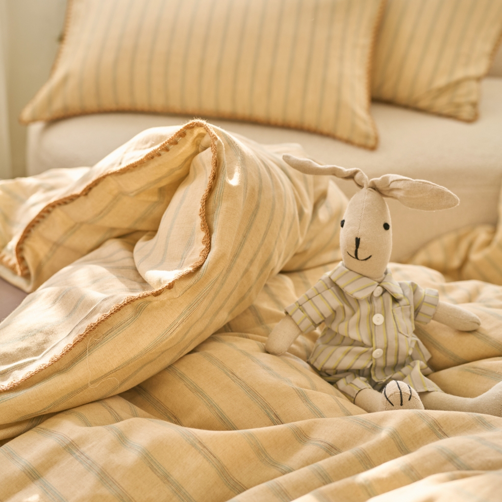 91家纺网 家纺一手货源 找家纺 洋铭区（原狠狠爱） 2025新款A类全棉双层纱四件套 优雅棕条