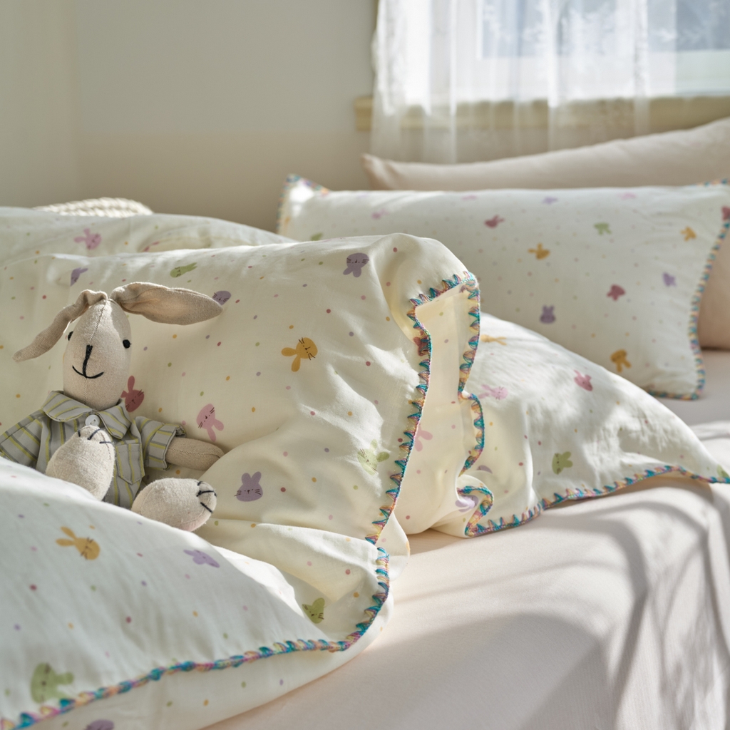 91家纺网 家纺一手货源 找家纺 洋铭区（原狠狠爱） 2025新款A类全棉双层纱四件套 开心兔