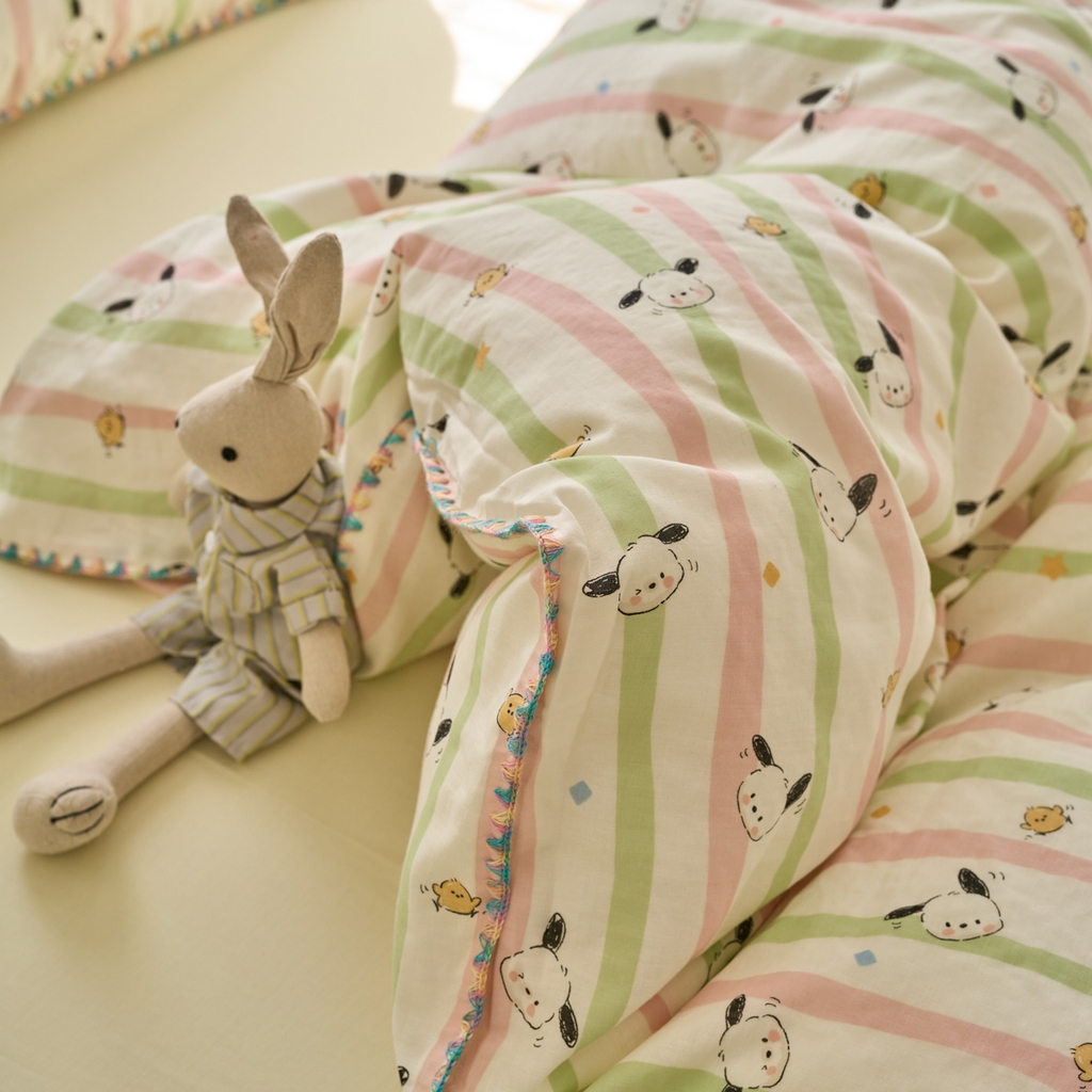 91家纺网 家纺一手货源 找家纺 洋铭区（原狠狠爱） 2025新款A类全棉双层纱四件套 萌萌小可爱