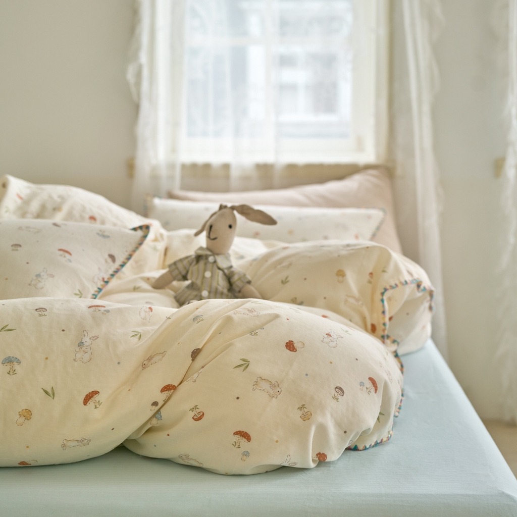 91家纺网 家纺一手货源 找家纺 洋铭区（原狠狠爱） 2025新款A类全棉双层纱四件套 蘑菇兔兔