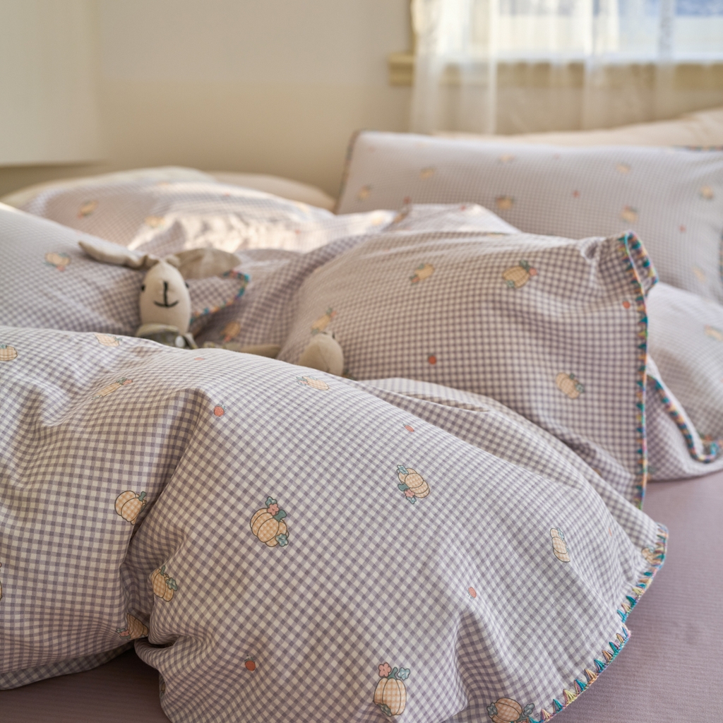 91家纺网 家纺一手货源 找家纺 洋铭区（原狠狠爱） 2025新款A类全棉双层纱四件套 紫格果香