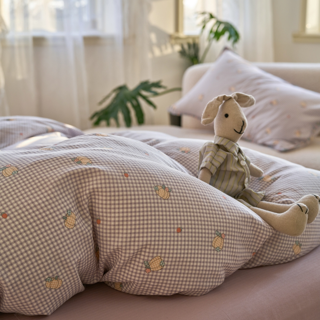 91家纺网 家纺一手货源 找家纺 洋铭区（原狠狠爱） 2025新款A类全棉双层纱四件套 紫格果香