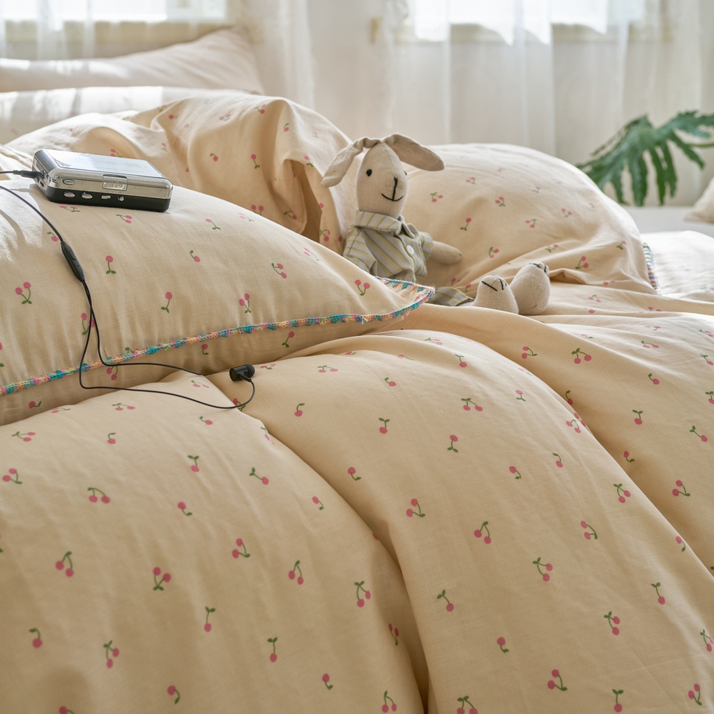 91家纺网 家纺一手货源 找家纺 洋铭区（原狠狠爱） 2025新款A类全棉双层纱四件套 豆豆樱桃