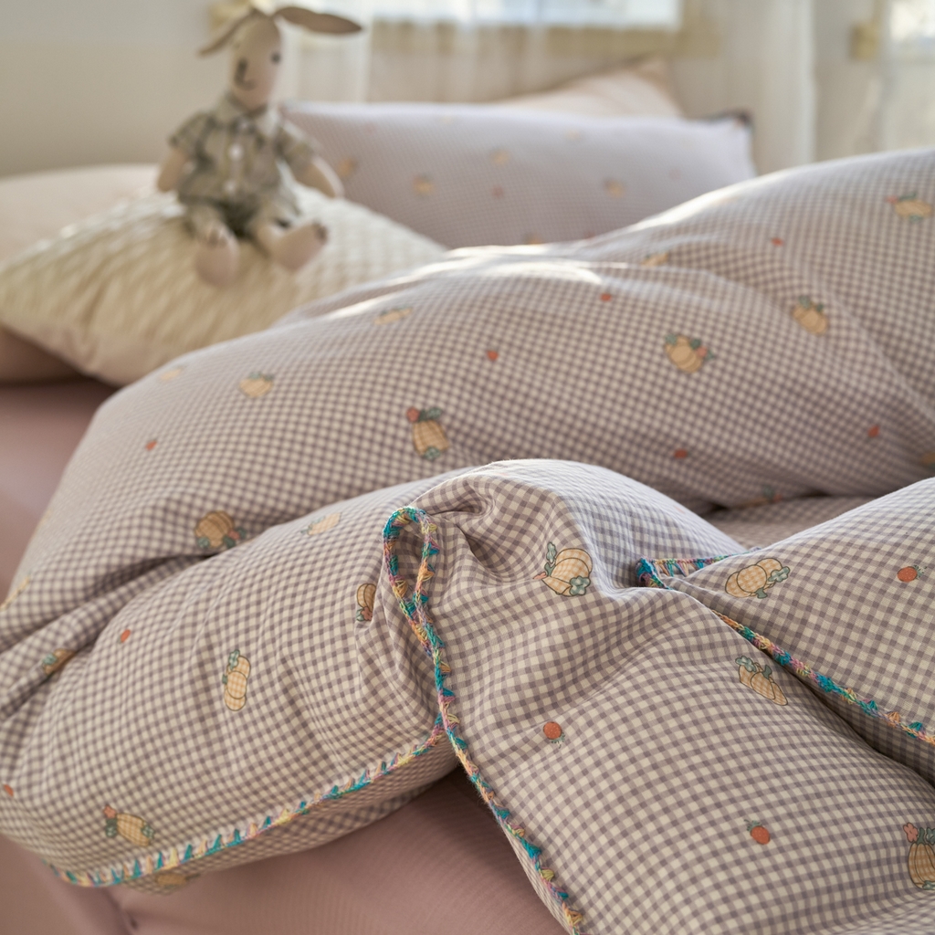 91家纺网 家纺一手货源 找家纺 洋铭区（原狠狠爱） 2025新款A类全棉双层纱四件套 紫格果香