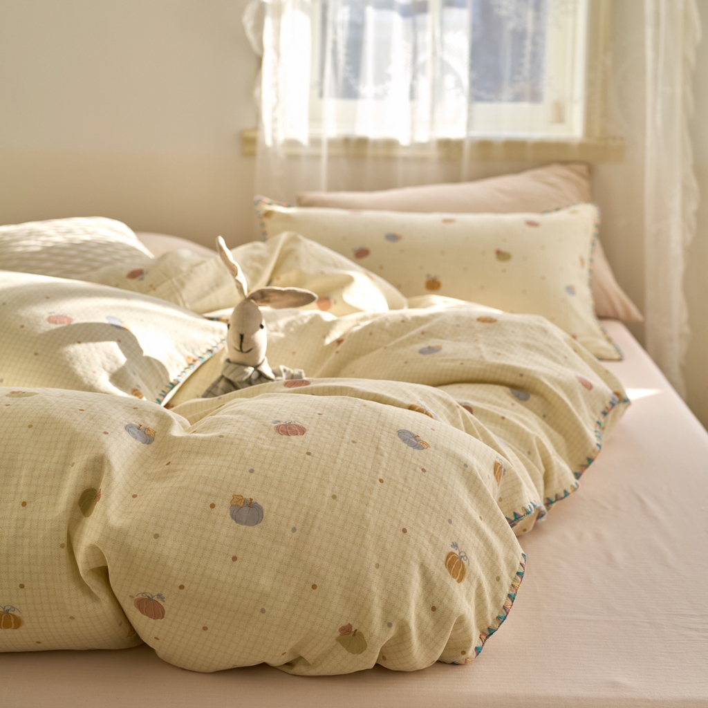 91家纺网 家纺一手货源 找家纺 洋铭区（原狠狠爱） 2025新款A类全棉双层纱四件套 点点南瓜