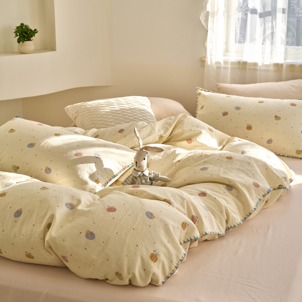 91家纺网 家纺一手货源 找家纺 洋铭区（原狠狠爱） 2025新款A类全棉双层纱四件套 点点南瓜