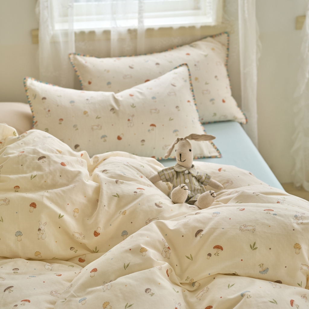 91家纺网 家纺一手货源 找家纺 洋铭区（原狠狠爱） 2025新款A类全棉双层纱四件套 蘑菇兔兔