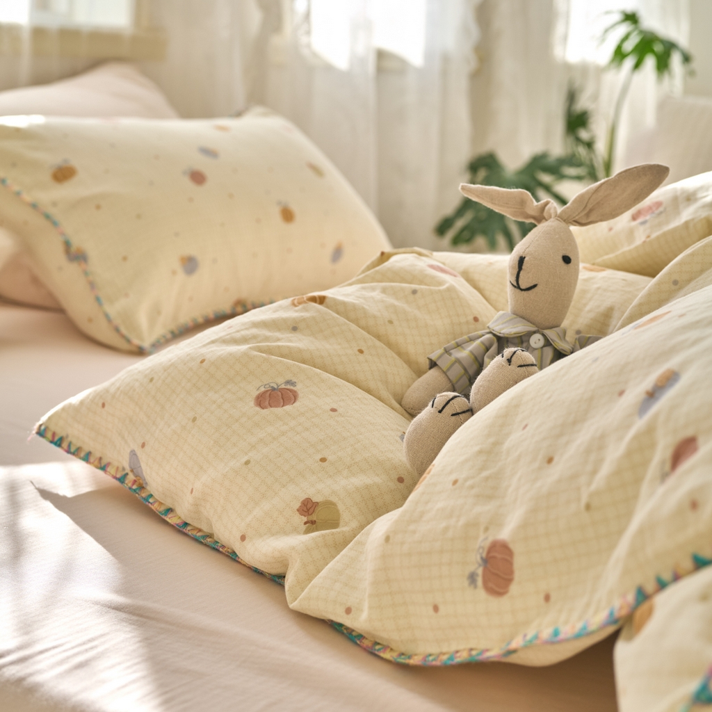 91家纺网 家纺一手货源 找家纺 洋铭区（原狠狠爱） 2025新款A类全棉双层纱四件套 点点南瓜