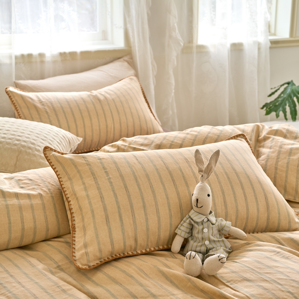 91家纺网 家纺一手货源 找家纺 洋铭区（原狠狠爱） 2025新款A类全棉双层纱四件套 优雅棕条