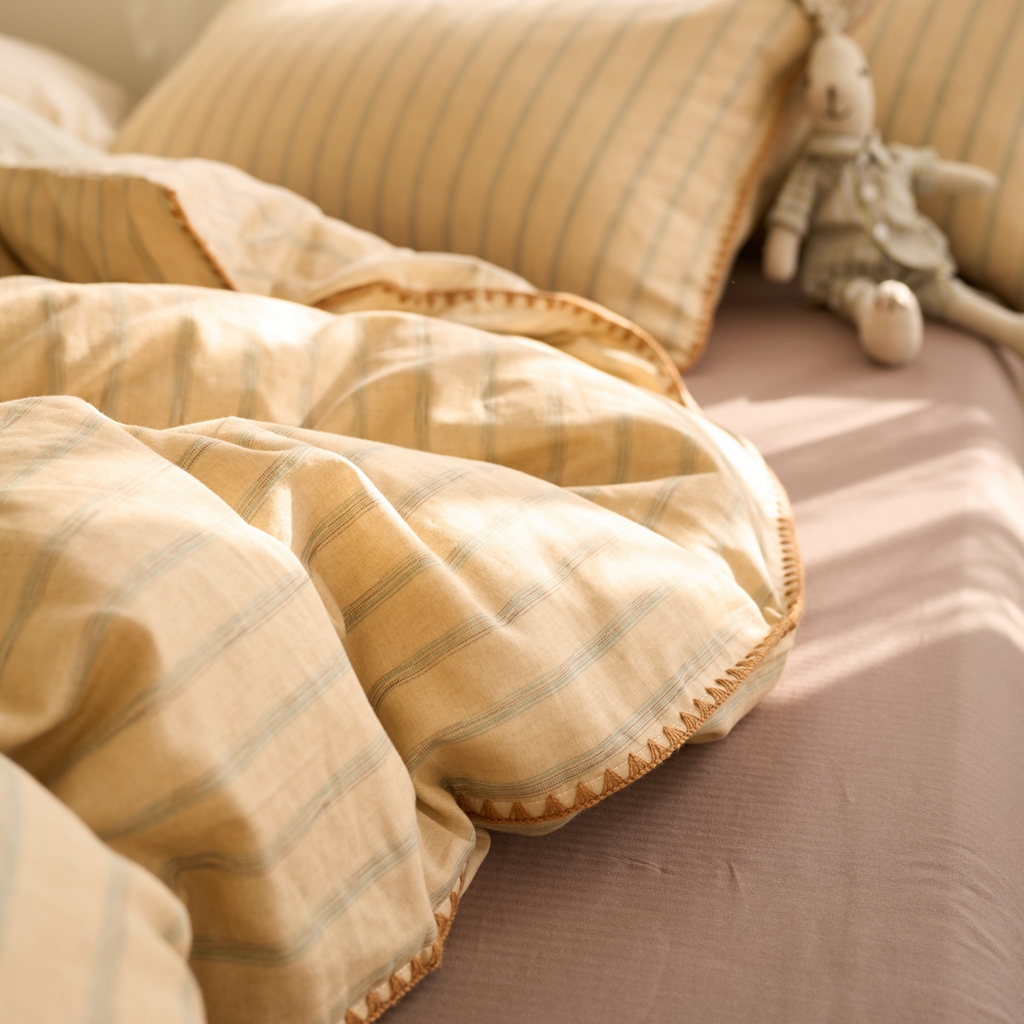 91家纺网 家纺一手货源 找家纺 洋铭区（原狠狠爱） 2025新款A类全棉双层纱四件套 优雅棕条