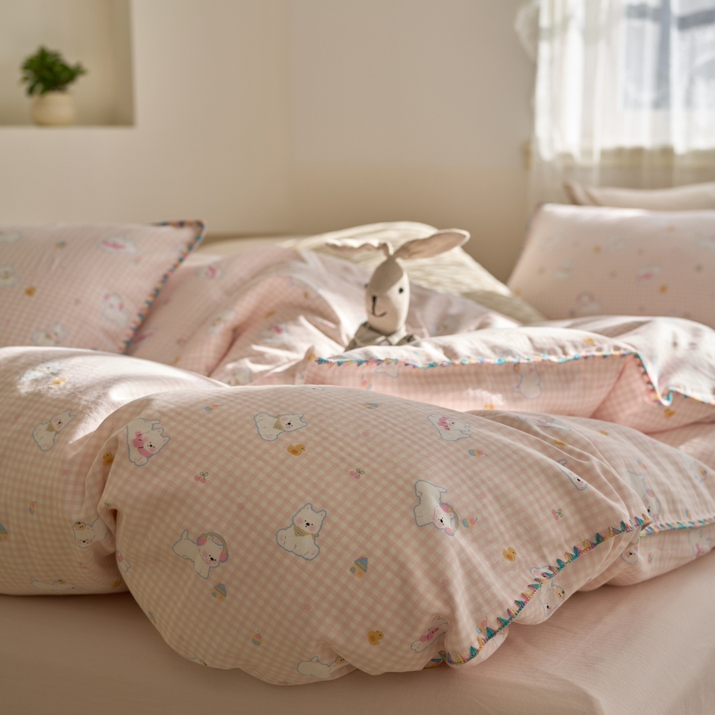 91家纺网 家纺一手货源 找家纺 洋铭区（原狠狠爱） 2025新款A类全棉双层纱四件套 乐乐粉兔