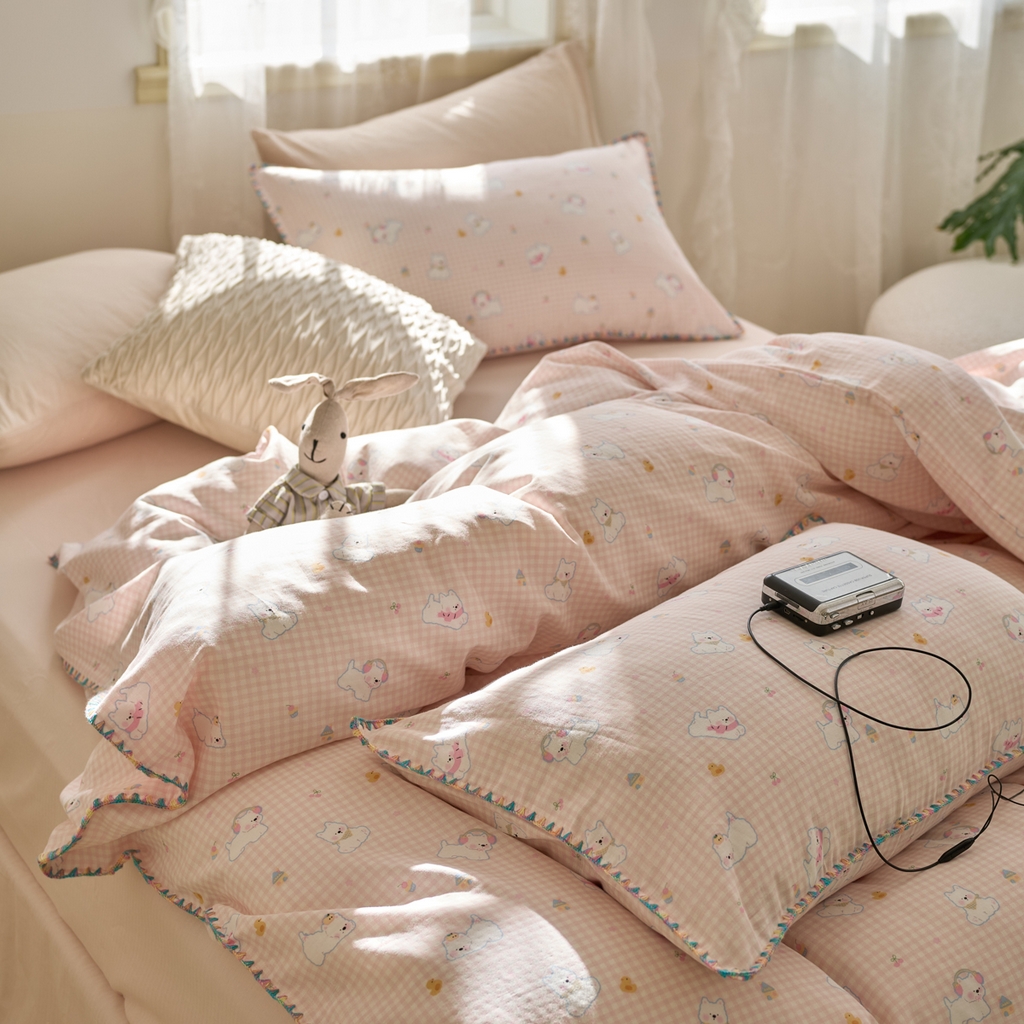 洋铭区（原狠狠爱） 2025新款A类全棉双层纱四件套 乐乐粉兔