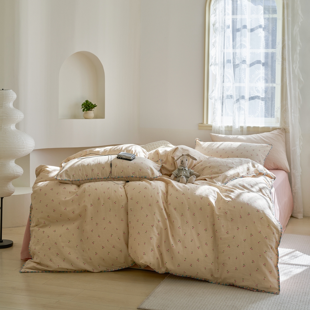 91家纺网 家纺一手货源 找家纺 洋铭区（原狠狠爱） 2025新款A类全棉双层纱四件套 豆豆樱桃