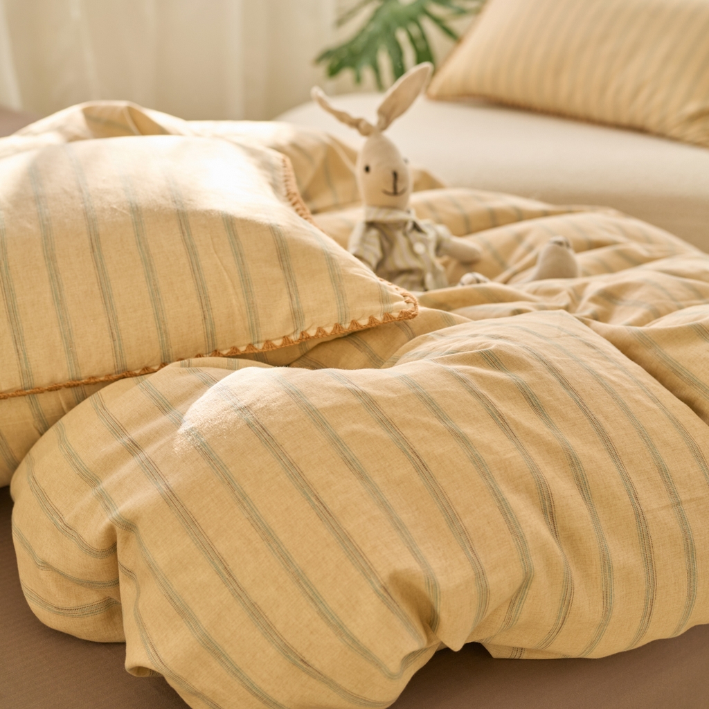 91家纺网 家纺一手货源 找家纺 洋铭区（原狠狠爱） 2025新款A类全棉双层纱四件套 优雅棕条