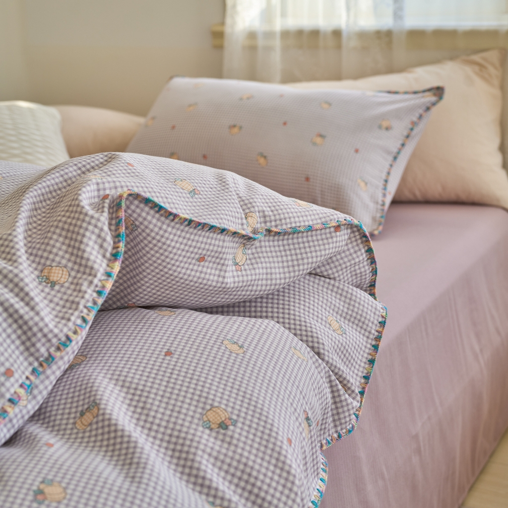 91家纺网 家纺一手货源 找家纺 洋铭区（原狠狠爱） 2025新款A类全棉双层纱四件套 紫格果香