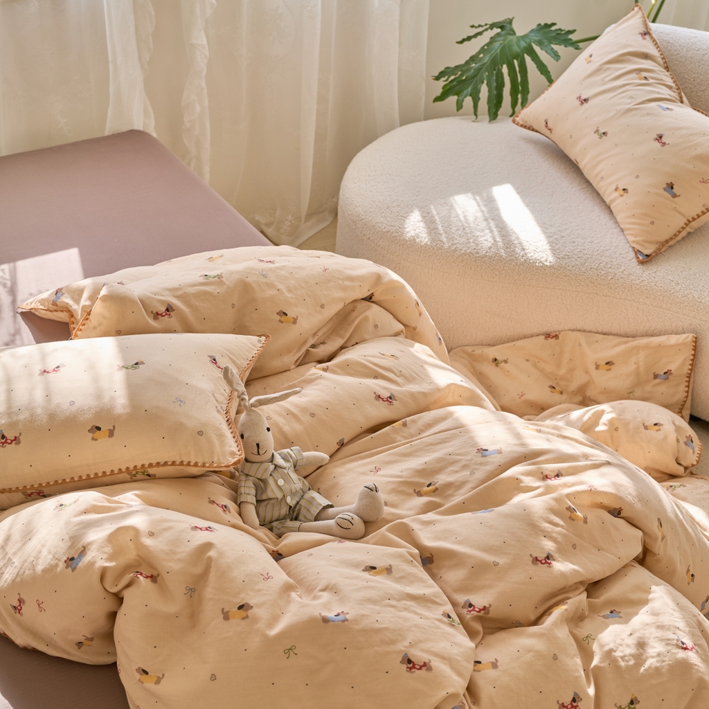 91家纺网 家纺一手货源 找家纺 洋铭区（原狠狠爱） 2025新款A类全棉双层纱四件套 爱心狗狗