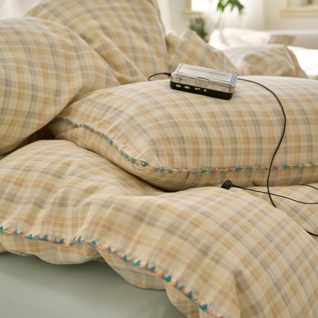 91家纺网 家纺一手货源 找家纺 洋铭区（原狠狠爱） 2025新款A类全棉双层纱四件套 海盐彩格