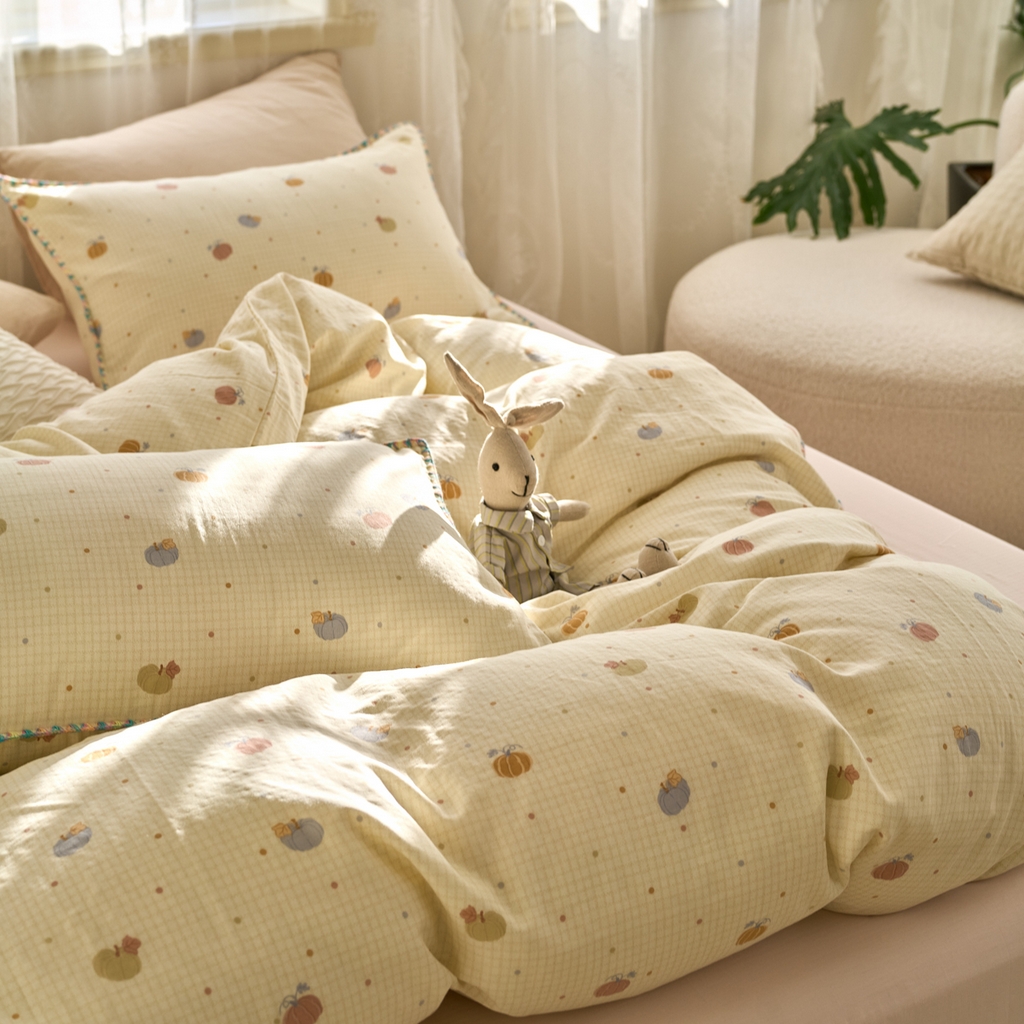 91家纺网 家纺一手货源 找家纺 洋铭区（原狠狠爱） 2025新款A类全棉双层纱四件套 点点南瓜