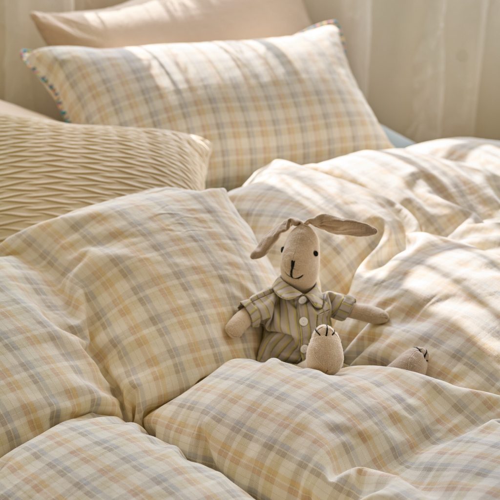 91家纺网 家纺一手货源 找家纺 洋铭区（原狠狠爱） 2025新款A类全棉双层纱四件套 海盐彩格