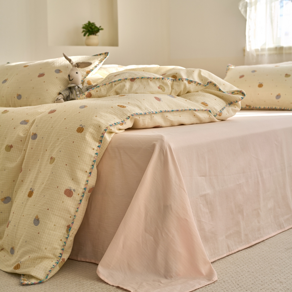 91家纺网 家纺一手货源 找家纺 洋铭区（原狠狠爱） 2025新款A类全棉双层纱四件套 点点南瓜