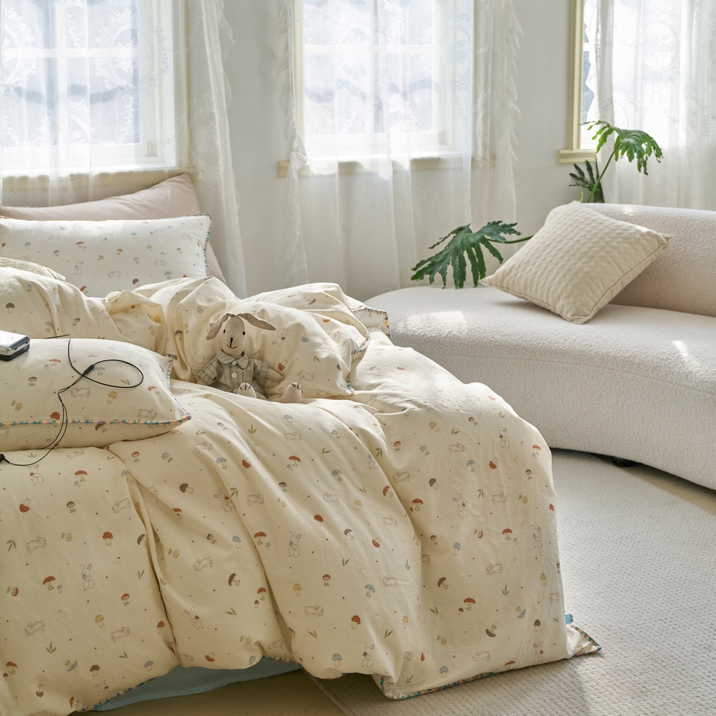 91家纺网 家纺一手货源 找家纺 洋铭区（原狠狠爱） 2025新款A类全棉双层纱四件套 蘑菇兔兔