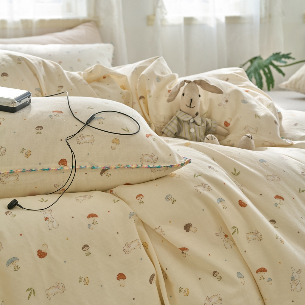 91家纺网 家纺一手货源 找家纺 洋铭区（原狠狠爱） 2025新款A类全棉双层纱四件套 蘑菇兔兔