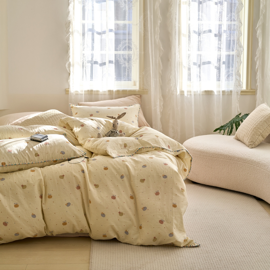 91家纺网 家纺一手货源 找家纺 洋铭区（原狠狠爱） 2025新款A类全棉双层纱四件套 点点南瓜