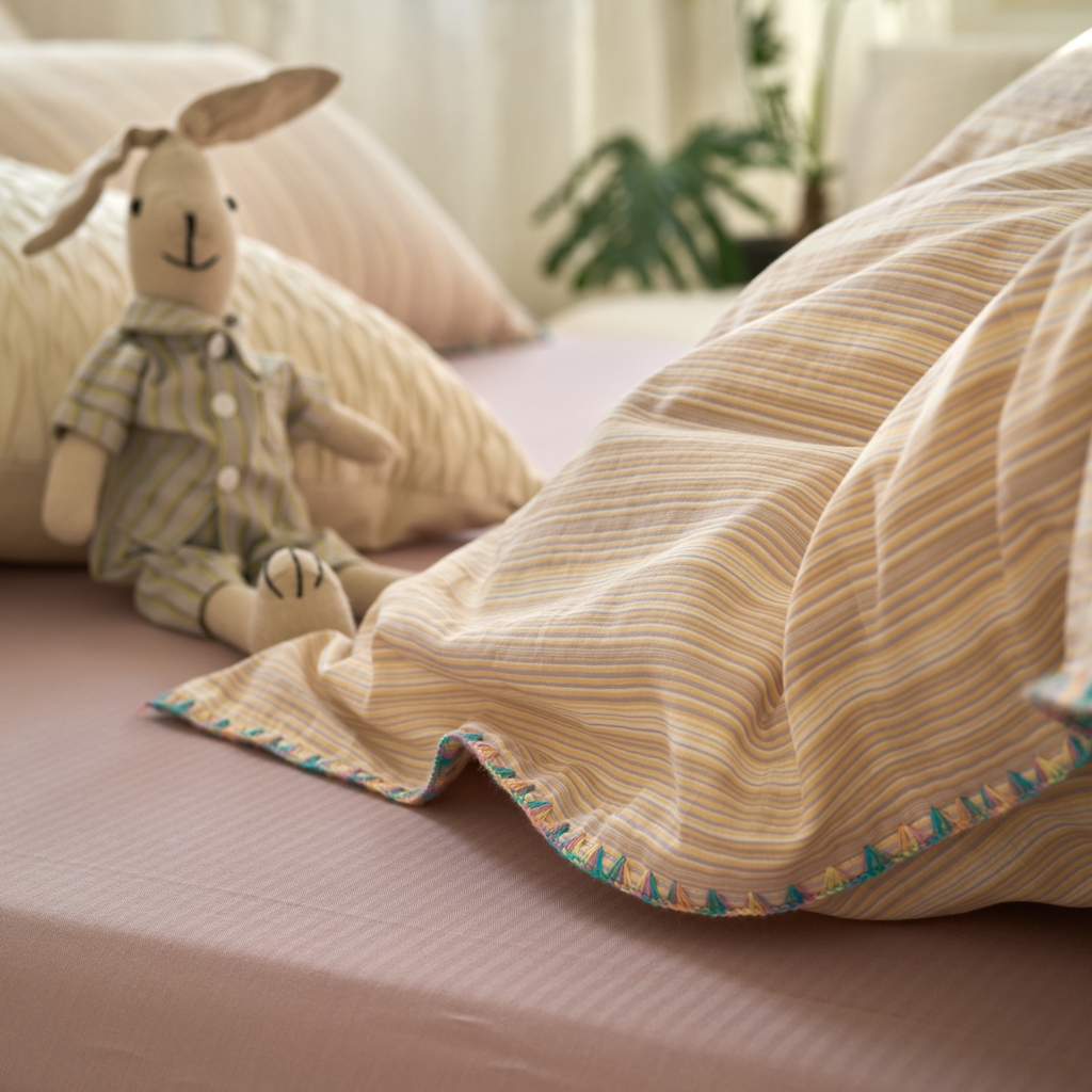 91家纺网 家纺一手货源 找家纺 洋铭区（原狠狠爱） 2025新款A类全棉双层纱四件套 香芋小条