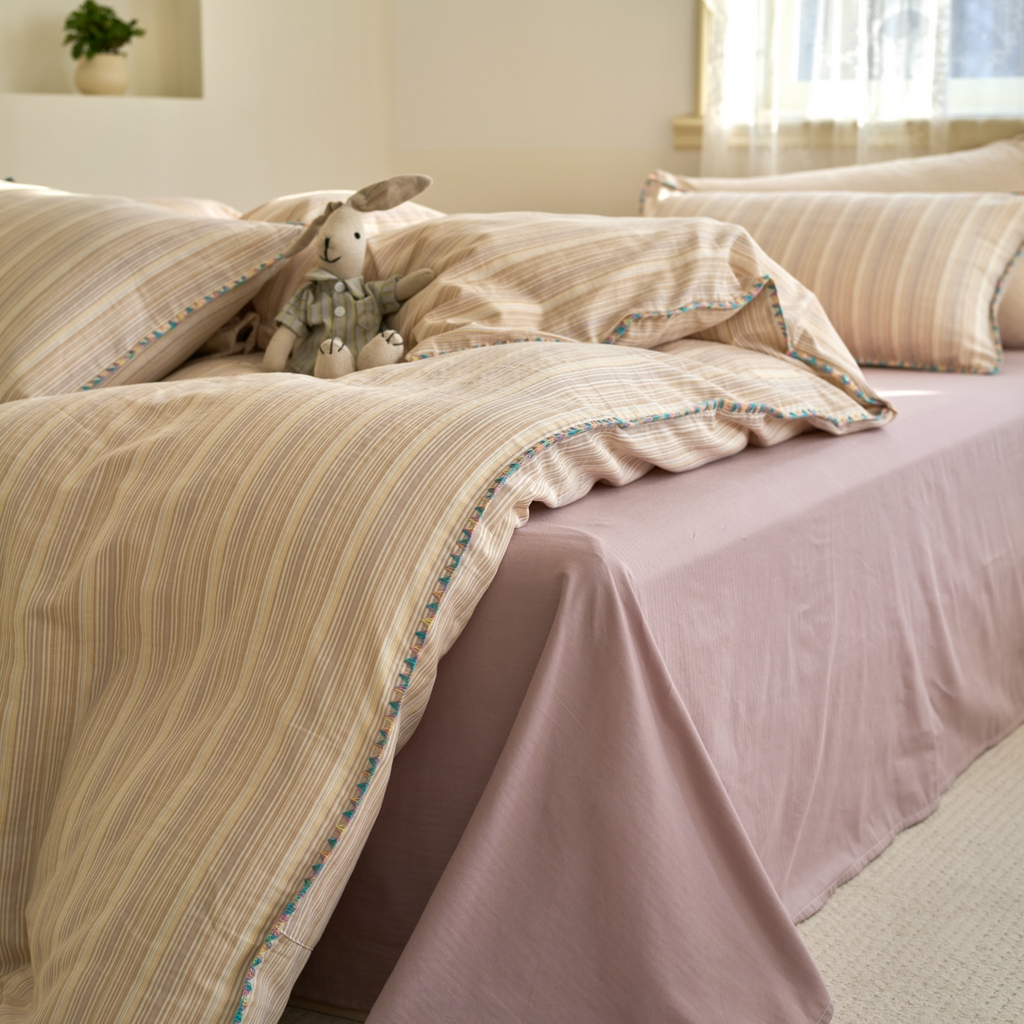 91家纺网 家纺一手货源 找家纺 洋铭区（原狠狠爱） 2025新款A类全棉双层纱四件套 香芋小条