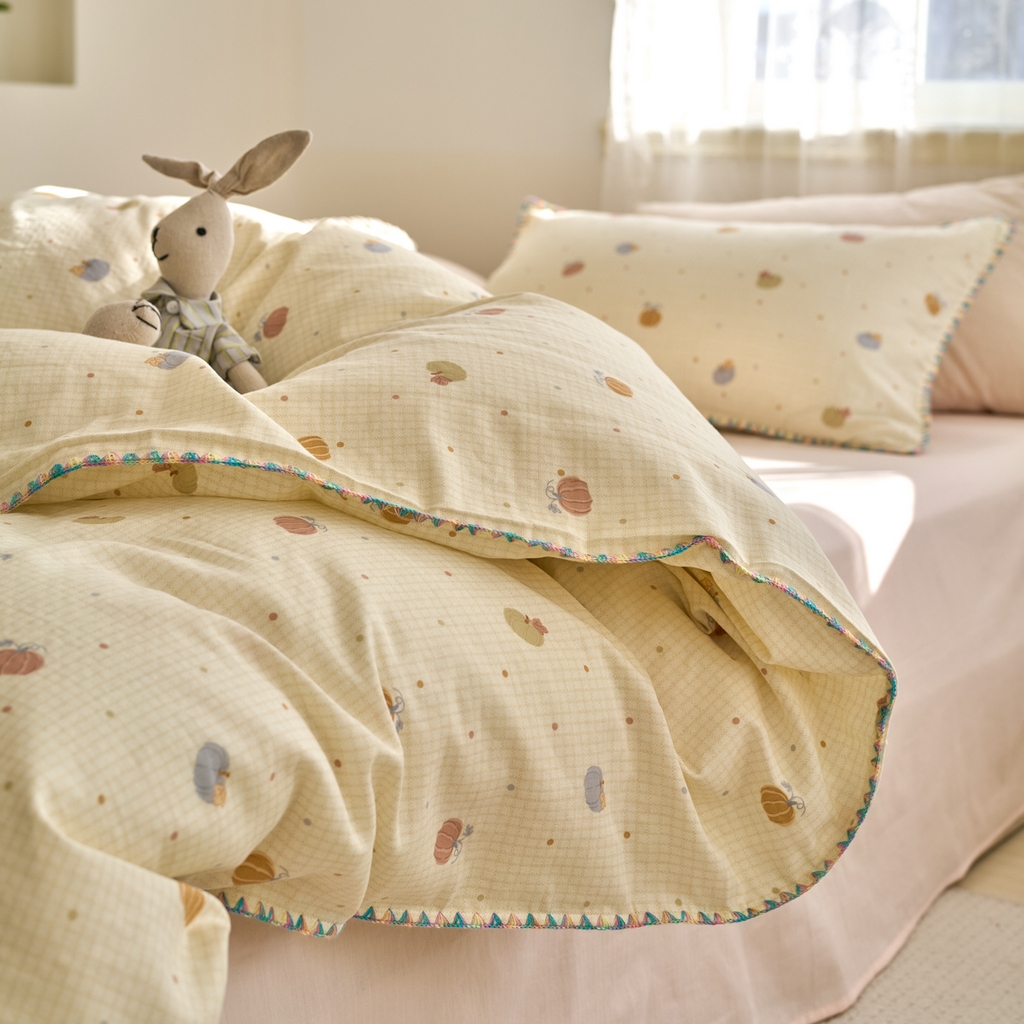 91家纺网 家纺一手货源 找家纺 洋铭区（原狠狠爱） 2025新款A类全棉双层纱四件套 点点南瓜