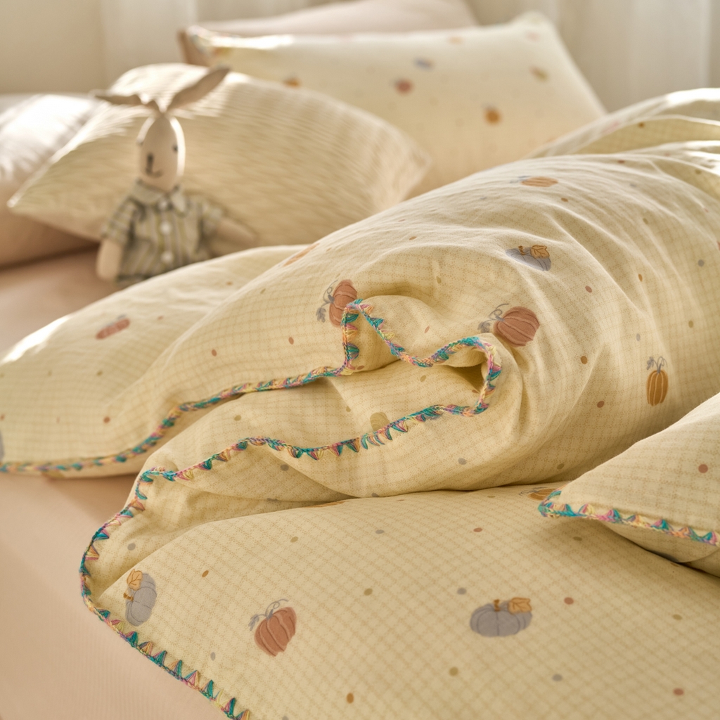 91家纺网 家纺一手货源 找家纺 洋铭区（原狠狠爱） 2025新款A类全棉双层纱四件套 点点南瓜