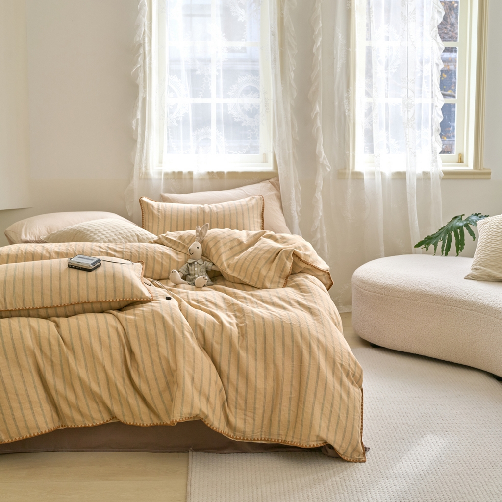 91家纺网 家纺一手货源 找家纺 洋铭区（原狠狠爱） 2025新款A类全棉双层纱四件套 优雅棕条