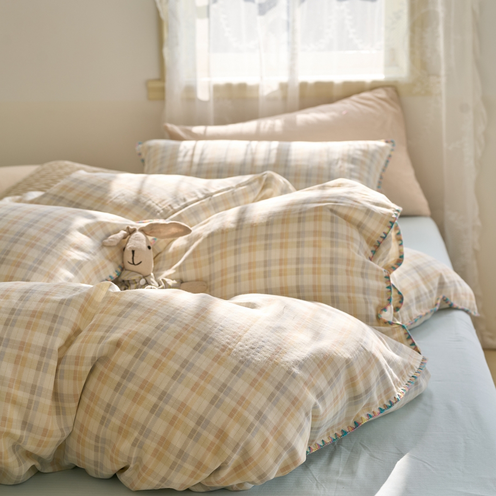 91家纺网 家纺一手货源 找家纺 洋铭区（原狠狠爱） 2025新款A类全棉双层纱四件套 海盐彩格